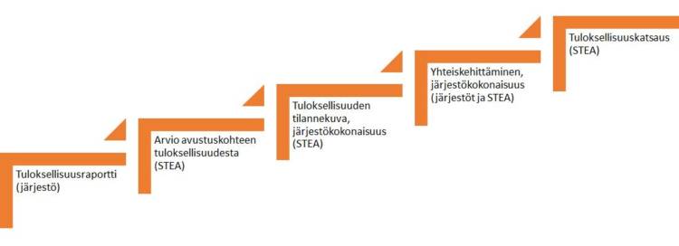 Tuloksellisuusarvioinnin eteneminen vuonna 2021: järjestö toimittaa STEAlle tuloksellisuusraportin. STEA tekee arvion avustuskohteen tuloksellisuudesta ja koostaa järjestökokonaisuutta käsittelevän tuloksellisuuden tilannekuvan. Järjestöt ja STEA käsittelevät tilannekuvaa yhteiskehittämistilaisuudessa, jonka jälkeen STEA työstää järjestökokonaisuuden tuloksellisuuskatsauksen.