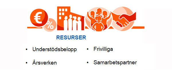 Resurser: understödsbelopp, årsverken, frivilliga, samarbetspartner.