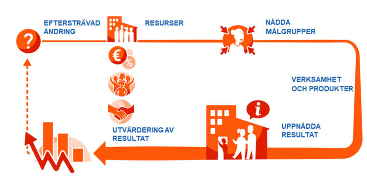 Eftersträvad ändring, resurser, nådda målgrupper, verksamhet och produkter, uppnådda resultat, utvärdering av resultat.