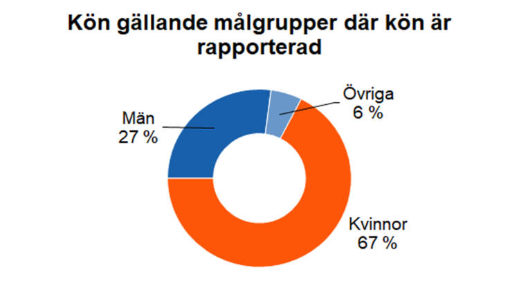 Kön gällande målgruppper där kön är rapporterad: kvinnor 67 %, män 27 % och övriga 6 %. 