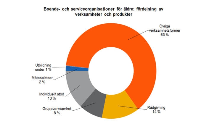 Boende- och serviceorganisationer för äldre; fördelning av verksamheter och produkter: övriga verksamhetsformer 63 %, rådgivning 14 %, individuellt stöd 13 %, gruppverksamhet 8 %, mötesplatser 2 % och utbildning under 1 %. 