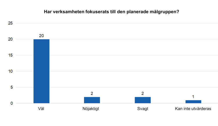 Har verksamheten fokuserats till den planerade målgruppen? 20 väl, 2 nöjaktigt, 2 svagt, 1 kan inte utvärderas.