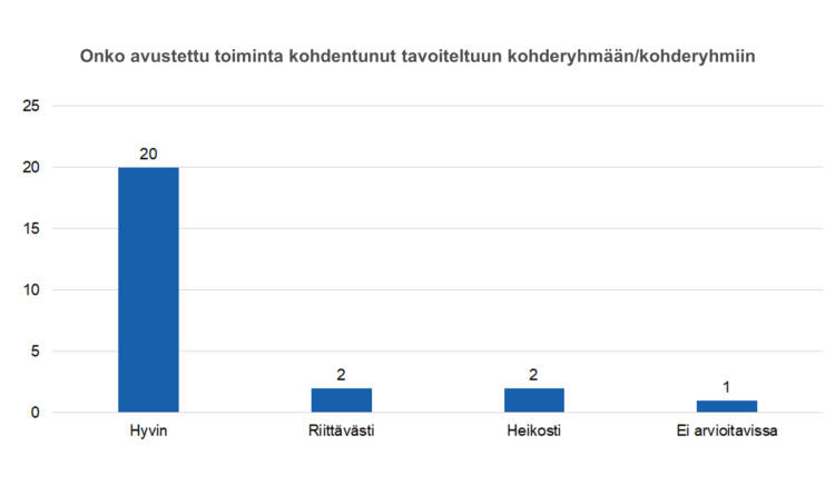 Onko toiminta kohdentunut tavoiteltuun kohderyhmään/kohderyhmiin: hyvin 20, riittävästi 2, heikosti 2, ei arvioitavissa 1. 