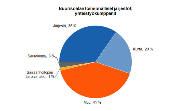 Nuorisoalan toiminnalliset järjestöt; yhteistyökumppanit: järjestö 35 %, kunta 20 %, muu 41 %, seurakunta 3 %, sairaanhoitopiiri tai erva-alue 1 %