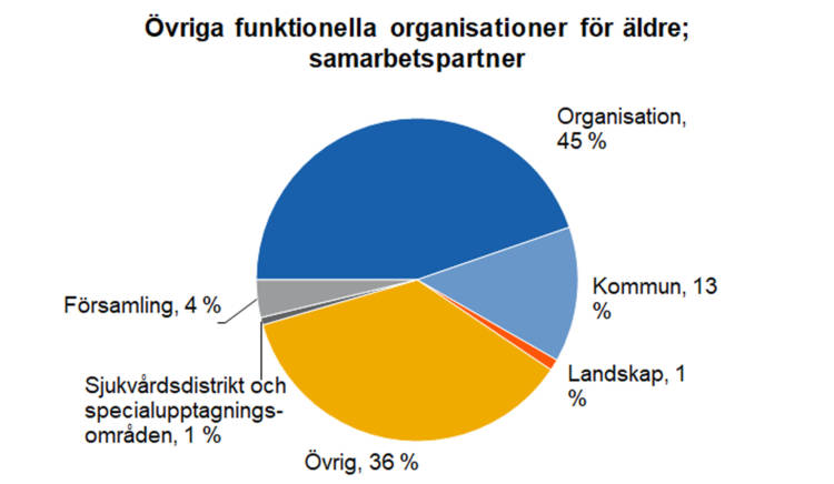 Övriga funktionella organisationer för äldre; samarbetspartner: organisation 45 %, övrig 36 %, kommun 13 %, församling 4 %, landskap 1 %, sjukvårdsdistrikt och specialupptagningsområden 1 %. 