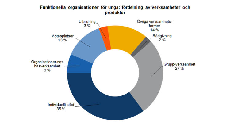 Funktionella organisationer för unga: fördelning av verksamheter och produkter: individuellt stöd 35 %, gruppverksamhet 27 %, övriga verksamhetsformer 14 %, mötesplatser 13 %, organisationernas basverksamhet 6 %, utbildning 3 %, rådgivning 2 %. 