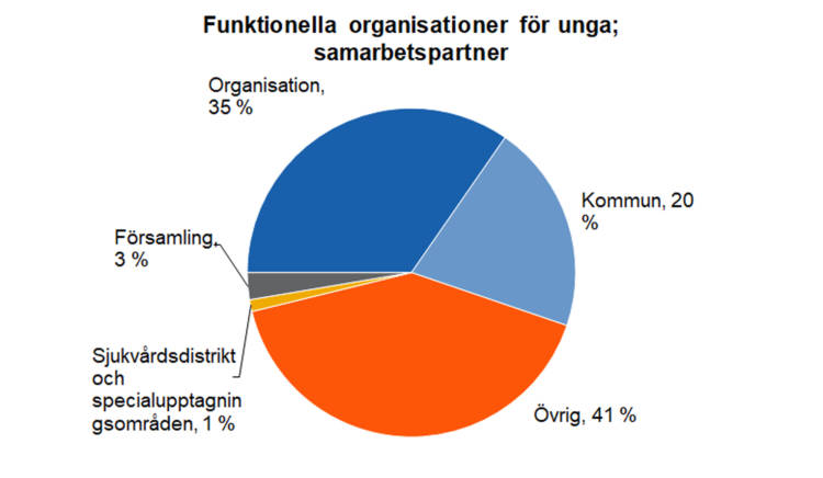 Funktionella organisationer för unga: samarbetspartner: organisationer 35 %, kommun 20 %, övrig 41 %, församling 3 %, sjukvårdsdistrikt och specielupptagningsområden 1 %. 