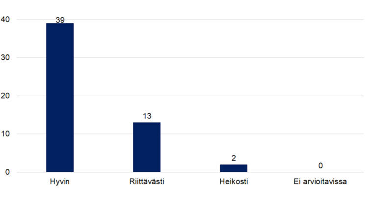 Onko avustettu toiminta kohdentunut tavoiteltuun kohderyhmään /kohderyhmiin. Hyvin 39, Riittävästi 13, Heikosti 2, Ei arvioitavissa 0