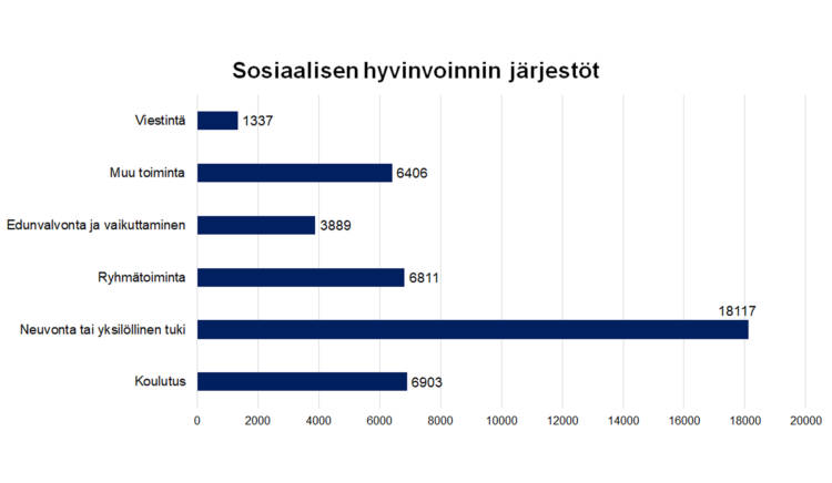 Sosiaalisen hyvinvoinnin järjestöt Viestintä 1337, edunvalvonta ja vaikuttaminen 3889, ryhmätoiminta 6811, neuvonta tai yksilöllinen tuki 18117, koulutus 6903, muu toiminta 6406