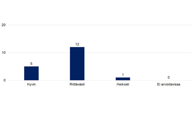 Hyvin 5, Riittävästi 12, Heikosti 1,  Ei arvioitavissa 0.