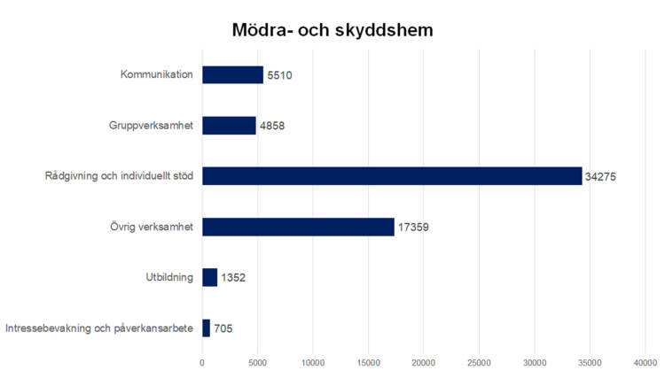 Mödra- och skyddshem: kommunikation 5510, gruppverksamhet 4858, rådgivning och individuellt stöd 34275, övrig verksamhet 17359, utbildning 1352, intressebevakning och påverkansarbete 705. 