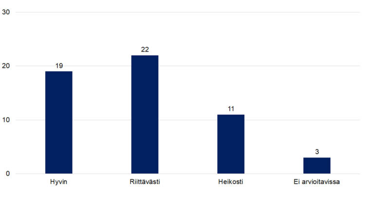 Hyvin 19, riittävästi 22, heikosti 11, ei arvioitavissa 3. 