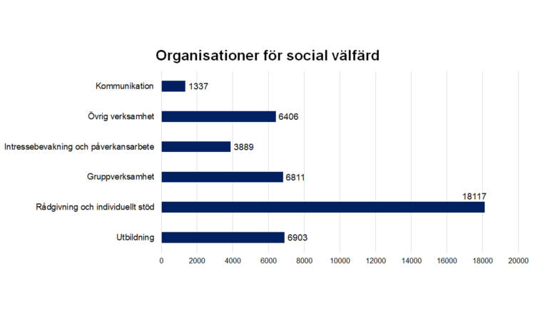 Organisationer för social välfärd: kommunikation 1337, övrig verksamhet 6406, intressebevakning och påverkansarbete 3889, gruppverksamhet 6811, rådgivning och individuellt stöd 18117, utbildning 6903.