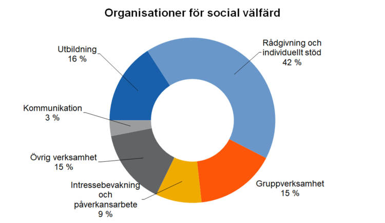Organisationer för social välfärd: rådgivning och individuellt stöd 42 %, gruppverksamhet 15 %, intressebevakning och påverkansarbete 9 %, övrig verksamhet 15 %, kommunikation 3 %, utbildning 16 %. 