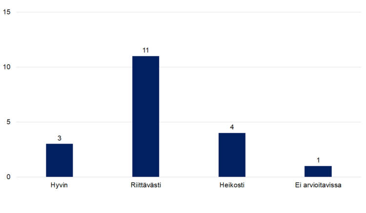 Hyvin 3, riittävästi 11, heikosti 4, ei arvioitavissa 1. 