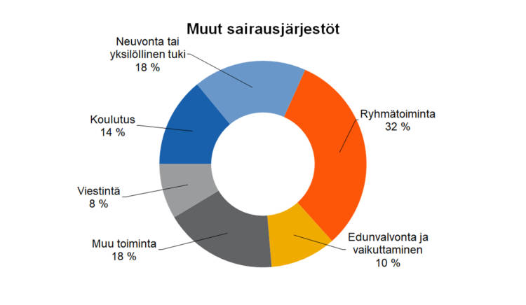 Muut sairausjärjestöt 
Ryhmätoiminta 32 %, edunvalvonta ja vaikuttaminen 10 %, neuvonta tai yksilöllinen tuki 18 %, koulutus 14 %, viestintä 8 %, muu toiminta 18 %. 