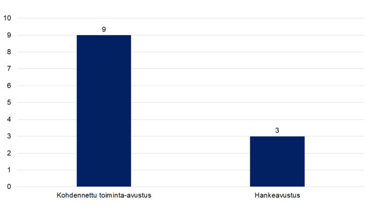 9 kpl kohdennettu toiminta-avustusta, 3 kpl hankeavustusta. 