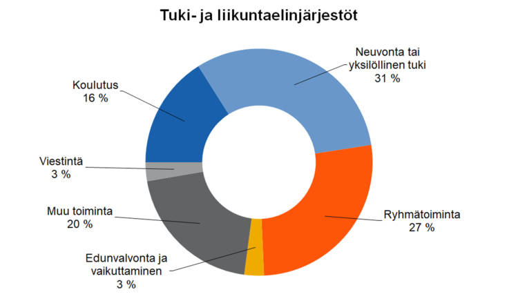 Tuki- ja liikuntaelinjärjestöt Neuvonta tai yksilöllinen tuki 31 %, ryhmätoiminta 27 %, edunvalvonta ja vaikuttaminen 3 %, koulutus 16 %, viestintä 3 %, muu toiminta 20 %