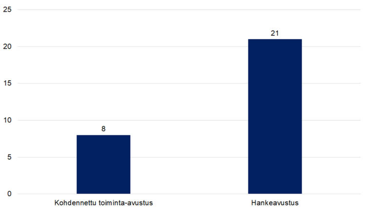 8 kpl kohdennettu toiminta-avustusta, 21 kappaletta hankeavustusta. 