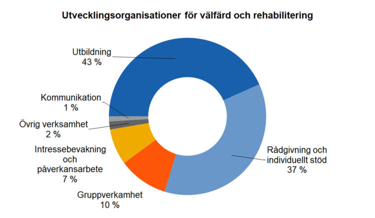 Utvecklingsorganisationer för välfärd och rehabilitering: Övrig verksamhet 2 %, kommunikation 1 %, gruppverksamhet 10 %, rådgivning och individuellt stöd 37 %, utbildning 43 %, intressebevakning och påverkansarbete 7%. 