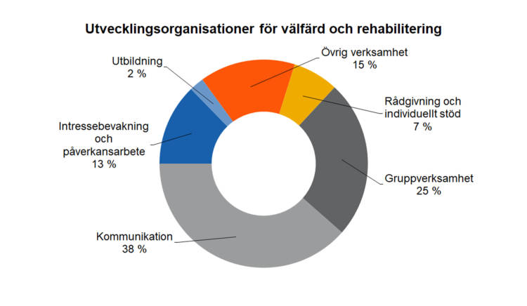 Utvecklingsorganisationer för välfärd och rehabilitering: Övrig verksamhet 15 %, kommunikation 38 %, gruppverksamhet 25 %, rådgivning och individuellt stöd 7 %, utbildning 2 %, intressebevakning och påverkansarbete 13%. 