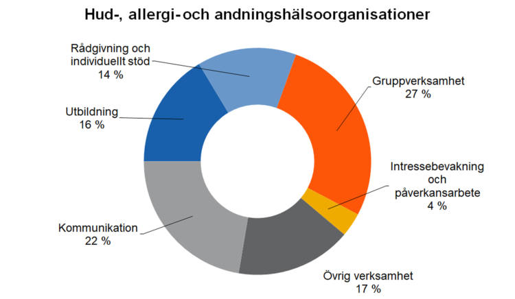 Hud-, allergi- och andningshälsoorganisationer
Gruppverksamhet 27 %, intressebevakning och påverkansarbete 4 %, kommunikation 22 %, utbildning 16 %, rådgivning och individuellt stöd 14 %, övrig verksamhet 17 %