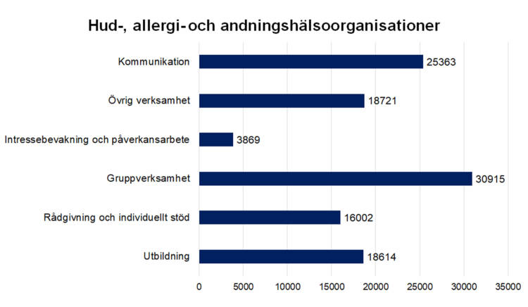 Hud-, allergi- och andningshälsoorganisationer
Kommunikation 25363, intressebevakning och påverkansarbete 3869, gruppverksamhet 30915, rådgivning och individuellt stöd 16002, utbildning 18614, övrig verksamhet  18721.