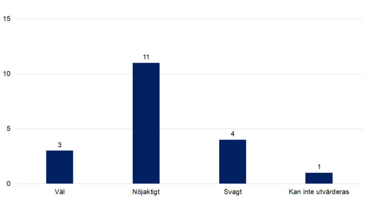 Väl 3, nöjaktigt 11, svagt 4, kan inte utvärderas 1. 