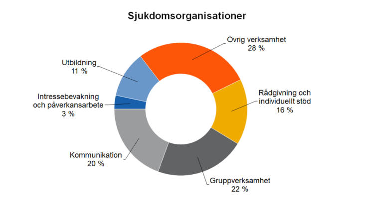 Sjukdomsorganisationer: Övrig verksamhet 28 %, kommunikation 20 %, gruppverksamhet 22 %, rådgivning och individuellt stöd 16 %, utbildning 11 %, intressebevakning och påverkansarbete 3 %. 