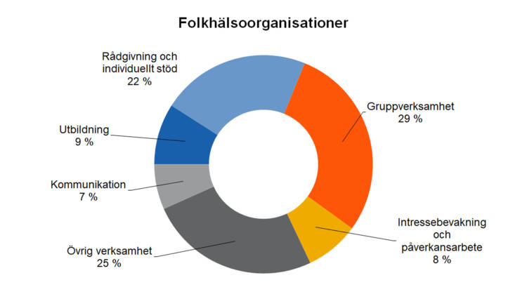 Folkhälsoorganisationer
Gruppverksamhet 29 %, intressebevakning och påverkansarbete 8 %, kommunikation 7 %, utbildning 9 %, rådgivning och individuellt stöd 22 %, övrig verksamhet 25 %.