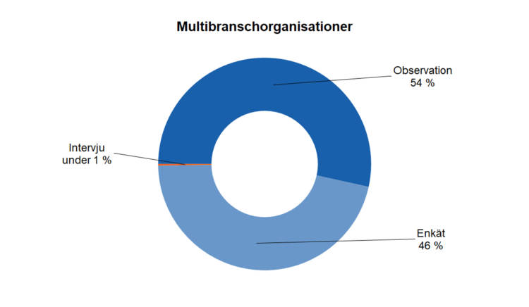 Multibranschorganisationer: observation 54 %, enkät 46 %, intervju under 1 %. 