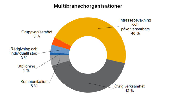 Multibranschorganisationer: Övrig verksamhet 42 %, kommunikation 5 %, gruppverksamhet 3 %, rådgivning och individuellt stöd 3 %, utbildning 1 %, intressebevakning och påverkansarbete 46 %. 