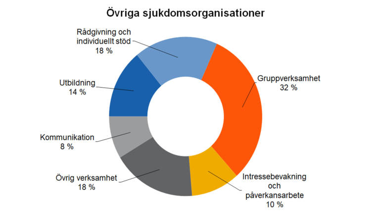 Övriga sjukdomsorganisationer
Gruppverksamhet 32 %, intressebevakning och påverkansarbete 10 %, kommunikation 8 %, utbildning 14 %, rådgivning och individuellt stöd 18 %, övrig verksamhet 18 %.