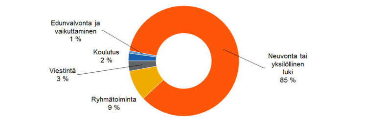 Toimintojen ja tuotosten jakautuminen: viestintä 3 %, neuvonta tai yksilöllinen tuki 85 %, ryhmätoiminta 9 %, edunvalvonta ja vaikuttaminen 1% sekä koulutus kaikki 2 %. 