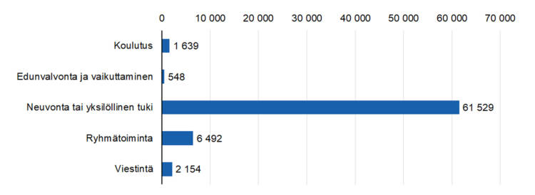 Toimintojen ja tuotosten määrä: 
Viestintä 2154, ryhmätoiminta 6492, neuvonta tai yksilöllinen tuki 61529, edunvalvonta ja vaikuttaminen 548, koulutus 1662. 