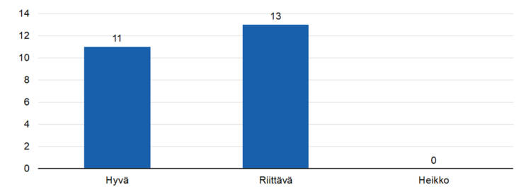 STEAn kokonaisarvio toiminnan tuloksellisuudesta: 
hyvä 11, 
riittävä 13, 
heikko 0. 