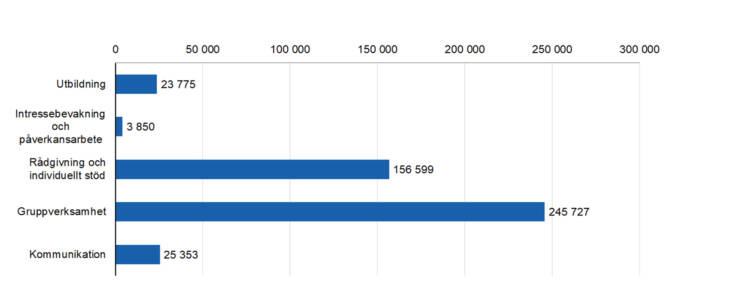 Rådgivning och individuellt stöd 156599, Intressebevakning och påverkansarbete 3850, gruppverksamhet 245727, utbildning 23775, kommunikation 25353.