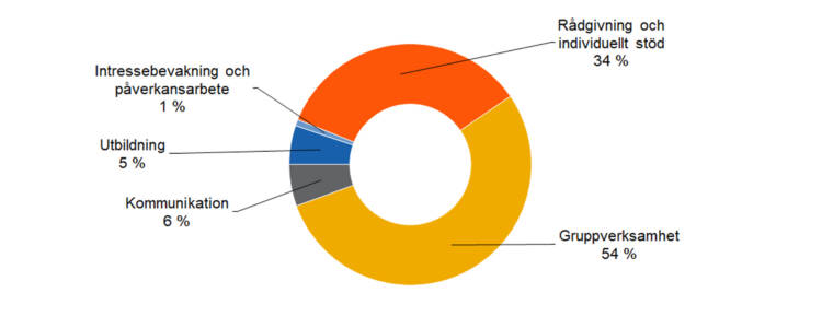 Rådgivning och individuellt stöd 34 %, Intressebevakning och påverkansarbete 1 %, Gruppverksamhet 54 %, utbildning 5 %, kommunikation 6 %.