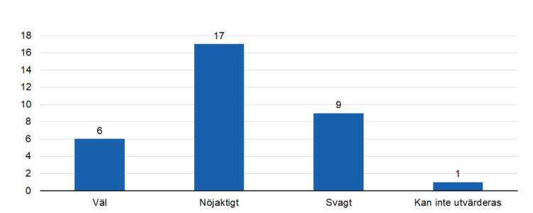 Väl 6, nöjaktigt 17, svagt 9, kan inte utvärderas 1. 