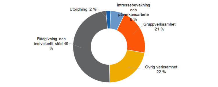 Rådgivning och individuellt stöd 49 %, Intressebevakning och påverkansarbete 6 %, Gruppverksamhet 21 %, utbildning 2 %, övrig verksamhet 22 %. 