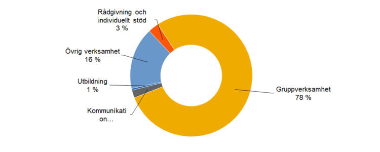 Rådgivning och individuellt stöd 3 %, Gruppverksamhet  78 %, utbildning 1 %, kommunikation 2 %,övrig verksamhet16 %. 