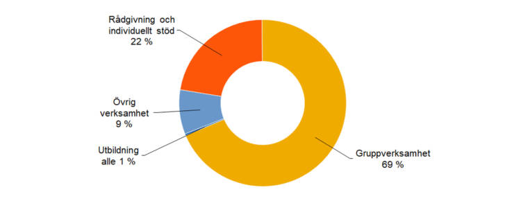 Rådgivning och individuellt stöd 22 %, gruppverksamhet 69 %, utbildning under 1 %, övrig verksamhet 9 %. 