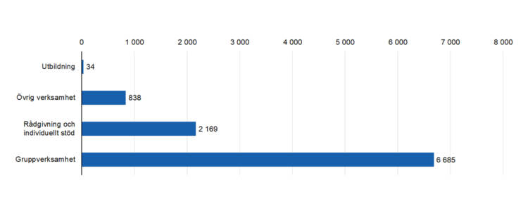 Rådgivning och individuellt stöd 2169, Gruppverksamhet 6685, utbildning 34, övrig verksamhet 838. 