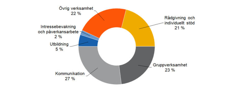 Rådgivning och individuellt stöd 21 %, Intressebevakning och påverkansarbete 2 %, Gruppverksamhet 23 %, utbildning 5 %, kommunikation 27 %,övrig verksamhet 22 %. 