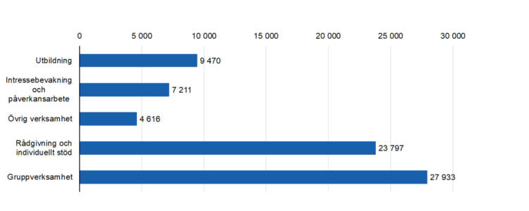 Rådgivning och individuellt stöd  23797, Intressebevakning och påverkansarbete  7211, Gruppverksamhet  27933, utbildning 9470, övrig verksamhet 4616. 