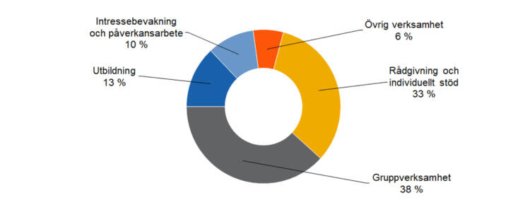Rådgivning och individuellt stöd  23797, Intressebevakning och påverkansarbete  7211, Gruppverksamhet  27933, utbildning 9470, övrig verksamhet 4616. 