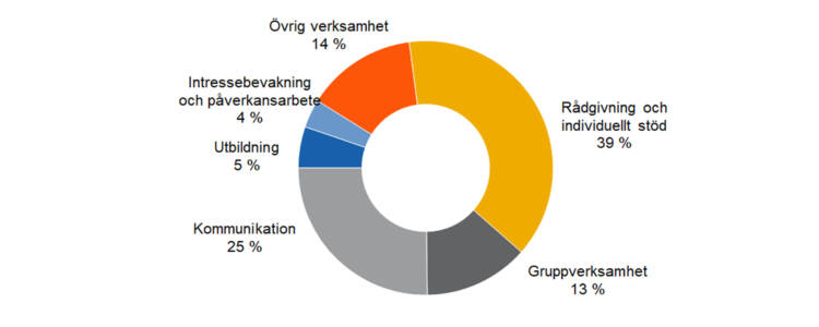 Rådgivning och individuellt stöd 39 %, Intressebevakning och påverkansarbete 4 %, Gruppverksamhet 13 %, utbildning 5 %, kommunikation 25,övrig verksamhet 14 %. 