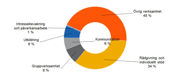 Rådgivning och individuellt stöd 34 %, Intressebevakning och påverkansarbete 1 %, Gruppverksamhet 8 %, utbildning6 %, övrig verksamhet 45 %. 