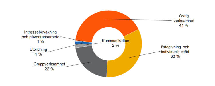 Rådgivning och individuellt stöd 33 %, Intressebevakning och påverkansarbete 1 %, Gruppverksamhet 22 %, utbildning 1 %, övrig verksamhet 41 %. 