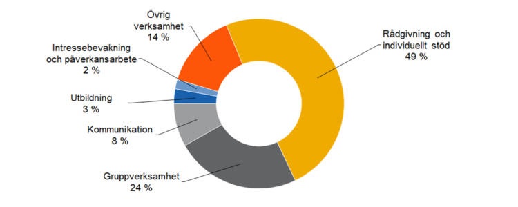 Rådgivning och individuellt stöd 49 %, Intressebevakning och påverkansarbete 2 %, Gruppverksamhet 24 %, utbildning 3 %, kommunikation 8 %, övrig verksamhet 14 %. 